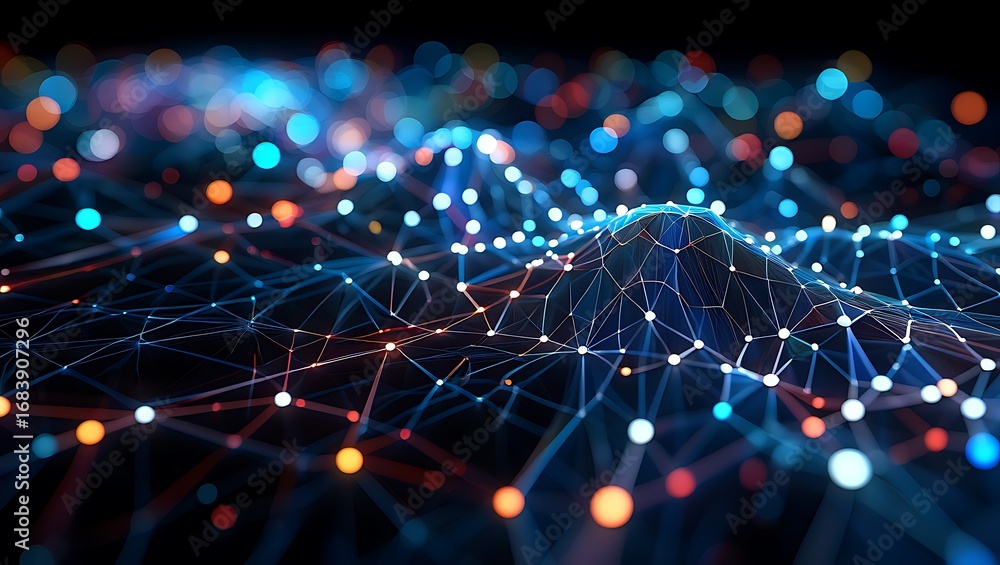 Poster visualizing complex data through interconnected networks and abstract digital landscapes