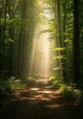 Fototapeta premium Sunlit Forest Path: A Tranquil Morning Scene