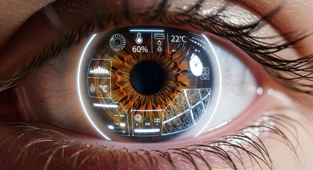 Photorealistic close-up of a human eye with subtle, glowing AI-powered contact lenses displaying overlaid information about the environment, futuristic glow _2