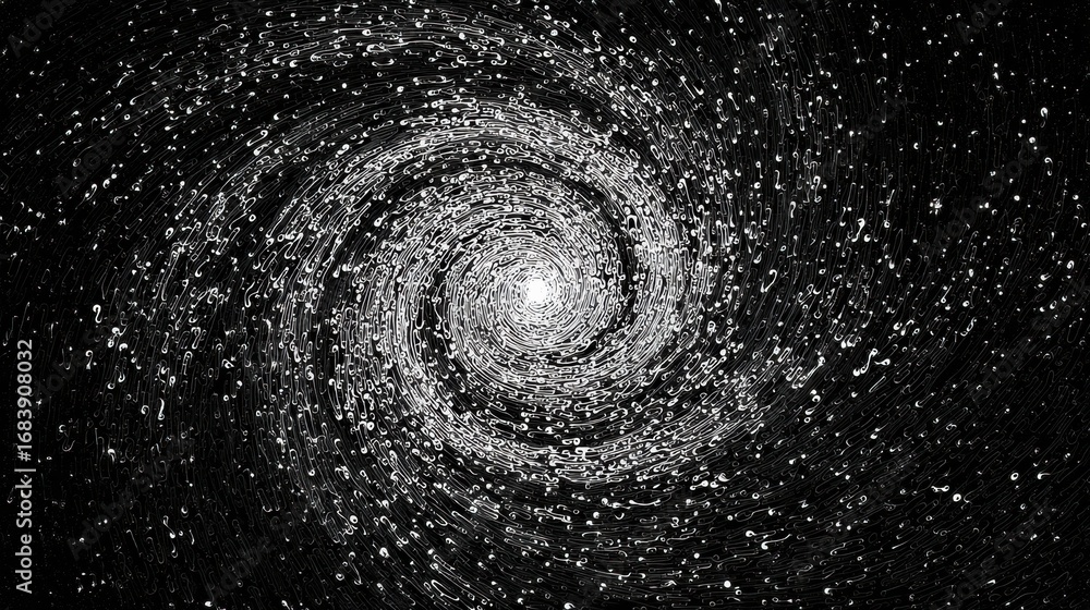 Poster a dynamic galaxy is portrayed with swirling particles and light, creating a captivating black and wh