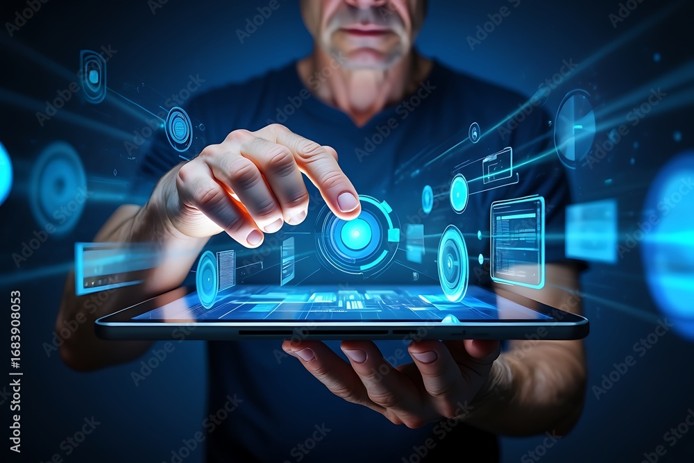 Aufkleber interacting with advanced futuristic digital interface and holographic data displays