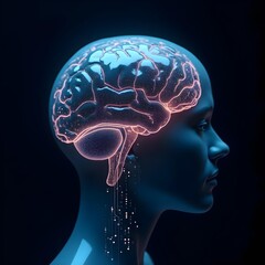 Fototapeta premium A striking fusion of human brain anatomy with glowing digital circuits, symbolizing AI integration, neuroscience, and future technology.