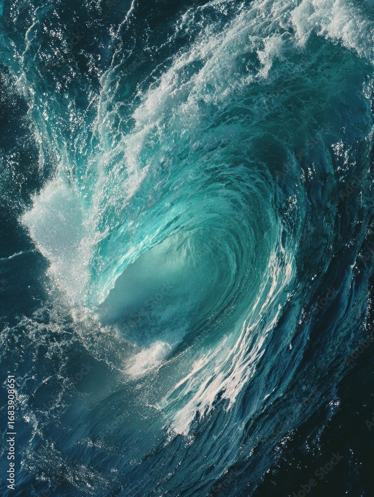 Poster strong ocean wave forms a spiral before crashing onto the shoreline during sunset, creating a beauti