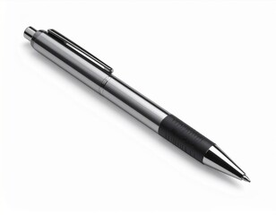 Sleek Silver Ballpoint Pen with Black Grip on White Background Office Stationary
