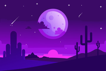 Naklejka premium A mysterious silhouette of a UFO hovers in a dark night sky, illuminating a tranquil landscape with a vibrant, alien moon