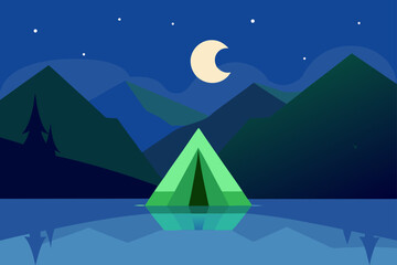 Fototapeta premium A tranquil winter night landscape with a moonlit sky over snow-capped mountains and a pyramid