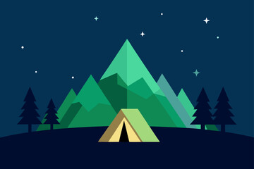 Fototapeta premium A cozy Christmas scene of a snow-covered mountain landscape at night with a decorated tree and tent