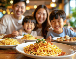 Happy family dining out with spaghetti on a wooden table.