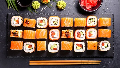 Sushi platter with salmon rolls and traditional accompaniments