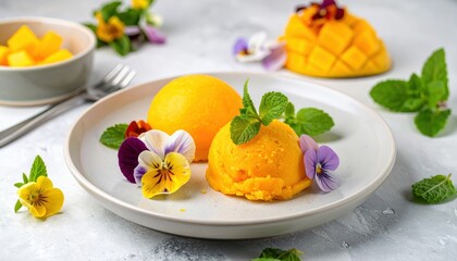 Mango sorbet with berries and edible flowers, symbolizing the concept of haute cuisine and creativity