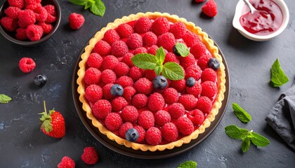 Raspberry tart on a dark background, symbolizing the concept of homemade baking