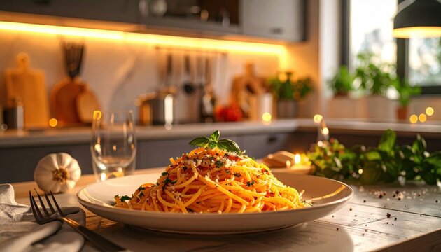 Italian pasta with sauce and basil, symbolizing the concept of Italian cuisine and a cozy dinner