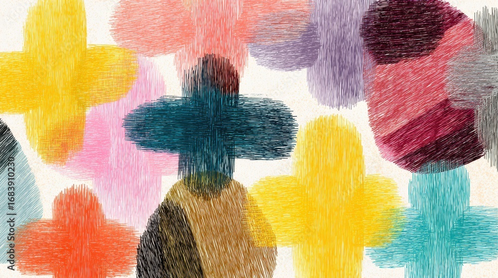 Poster vibrant abstract designs showcase colorful shapes in a range of hues, blending floral motifs with te