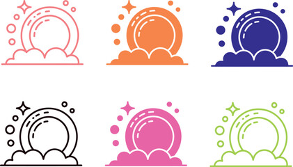 Illustration of six colorful plates with bubbles and clouds on a white background design