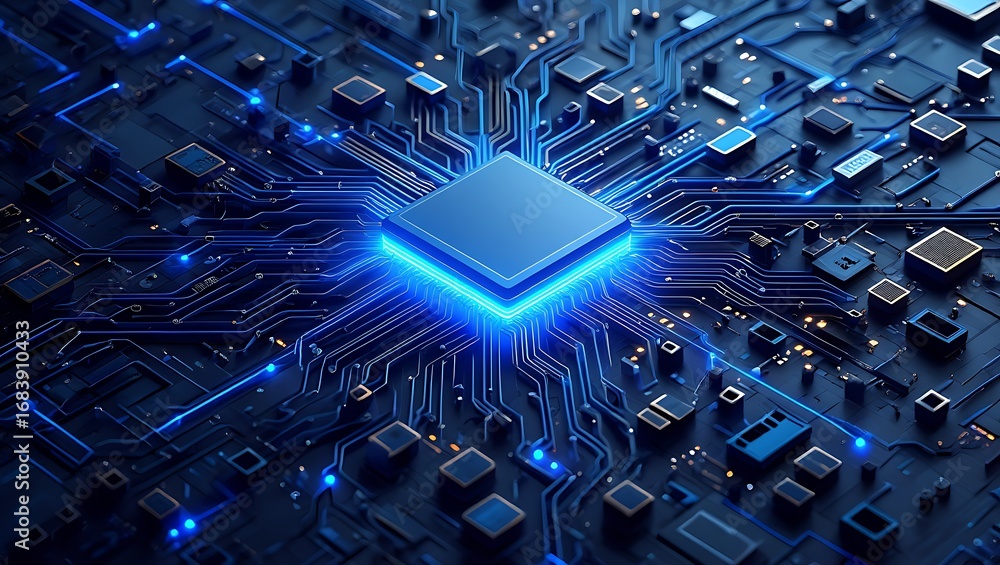Aufkleber high performance futuristic microchip processor with glowing blue light on a complex circuit board
