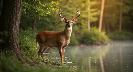 Fototapeta premium Deer by forest water in sunlight