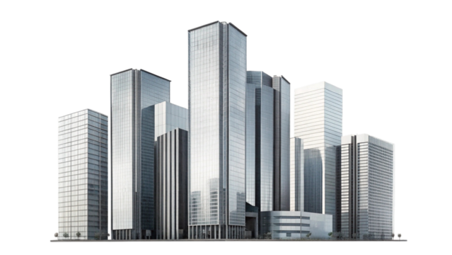 Modern cityscape of tall skyscrapers isolated on transparent background