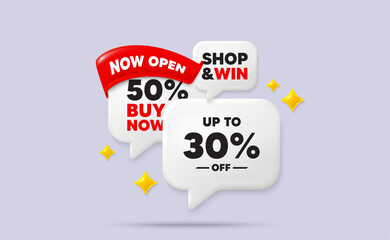 Discount tag speech bubbles. Now open flag ribbon. Up to 30 percent off sale. Discount offer price sign. Special offer symbol. Save 30 percentages. Discount chat bubbles with 3d sparkles. Vector