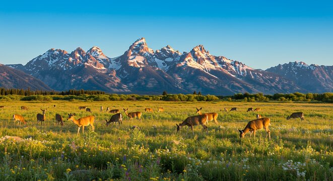 Deer grazing in mountain meadow - Powered by Adobe