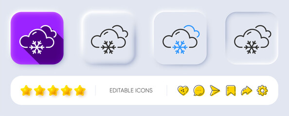 Snow weather forecast line icon. Neumorphic, Flat shadow, 3d buttons. Clouds with snowflake sign. Cloudy sky symbol. Line snow weather icon. Social media icons. Vector