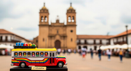 Obraz premium Colombian Colorful Bus Souvenir with Colonial Church in Background