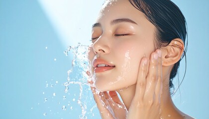 Woman washing face with water for radiant skin and youthful glow on blue background