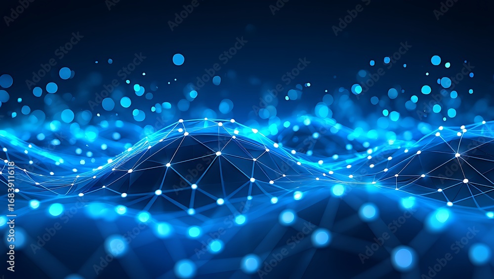 Poster abstract network connections data flow through digital futuristic landscape with glowing blue partic
