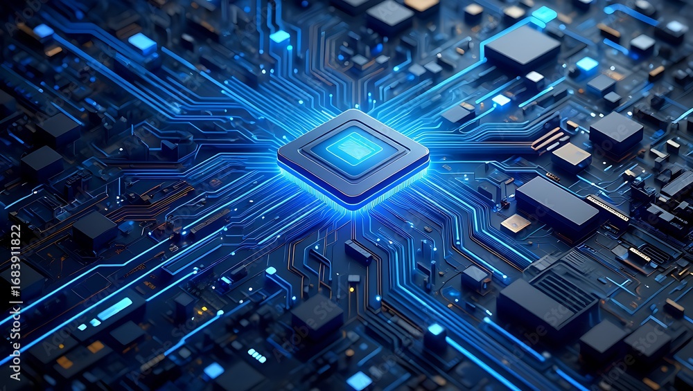 Aufkleber illuminated microchip circuit board with glowing blue lines of light and central processor