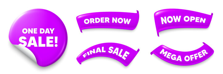 One day purple sticker, Sale offer ribbons. Final sale, Order now. One day sale tag. Special offer price sign. Advertising Discounts symbol. Sticker badge. Flag ribbon banners. Vector