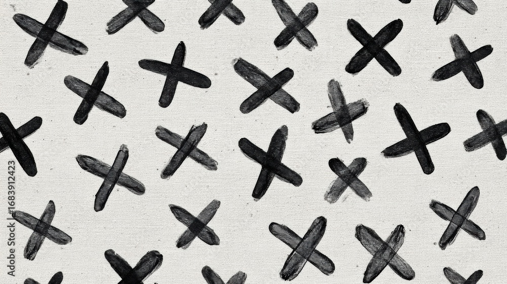 Poster black brush strokes form a unique pattern on a light fabric background, creating a modern and artist
