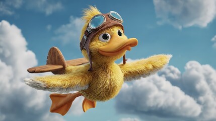 Charming Duckling Aviator Flying Through Cloudy Skies with Wooden Airplane Wings Attached for Adventure