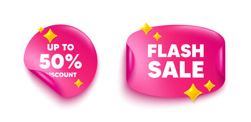 Discount tag sticker tag. Flash offer paper price banner. Up to 50 percent discount. Sale offer price sign. Special offer symbol. Save 50 percentages. Discount sticker with 3d glitter. Vector