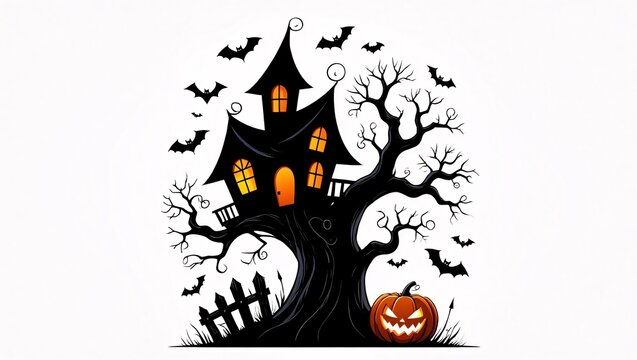 halloween haunted house with bats and pumpkin clip art preview
