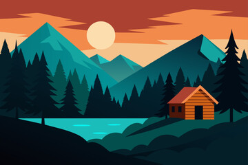 Fototapeta premium Landscape with a house nestled in the mountains at sunrise, surrounded by a forest and a serene lake