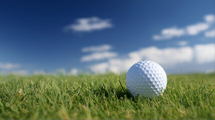 Obraz premium A white golf ball rests on vibrant green grass beneath a clear blue sky, symbolizing focus, precision, and calm leisure.
