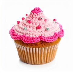 Close Up of Pink Frosted Cupcake with Silver and Red Beads on White Background