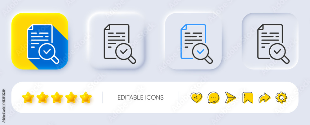 Poster inspect line icon. neumorphic, flat shadow, 3d buttons. quality research sign. verification document