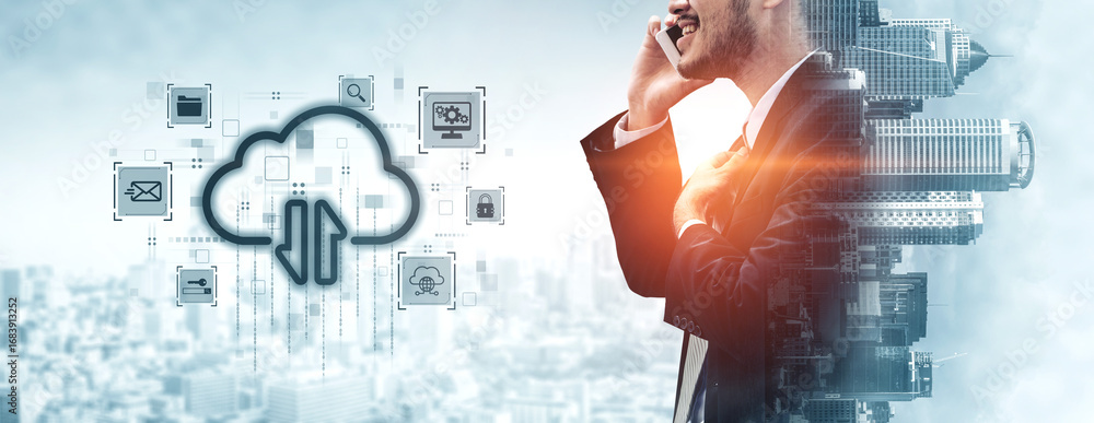 Poster cloud computing enables digital growth with secure data storage, scalable infrastructure, and strate