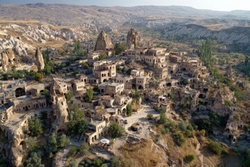 Obraz premium Historic rock-cut dwellings are nestled in an ancient landscape, surrounded by majestic rock formations and valleys, showcasing the rich history of Cappadocia during golden hour light