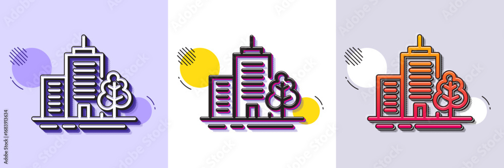 Poster skyscraper buildings line icon. halftone dotted pattern. gradient icon with grain shadow. city archi