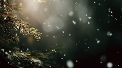Naklejka premium Christmas background with a cozy feel. soft, glowing lights, gently falling snow, Christmas elements like pine branches and a Christmas tree. deep forest greens