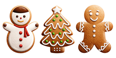 Three christmas cookies snowman gingerbread tree isolated on transparent background