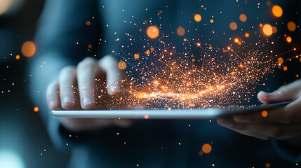 Close-Up of Hands Interacting with a Tablet Surrounded by Glowing Sparks Creating a Sense of Innovation