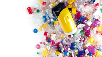Plastic Waste and Recycling: A Yellow Container Amidst Shredded Plastics