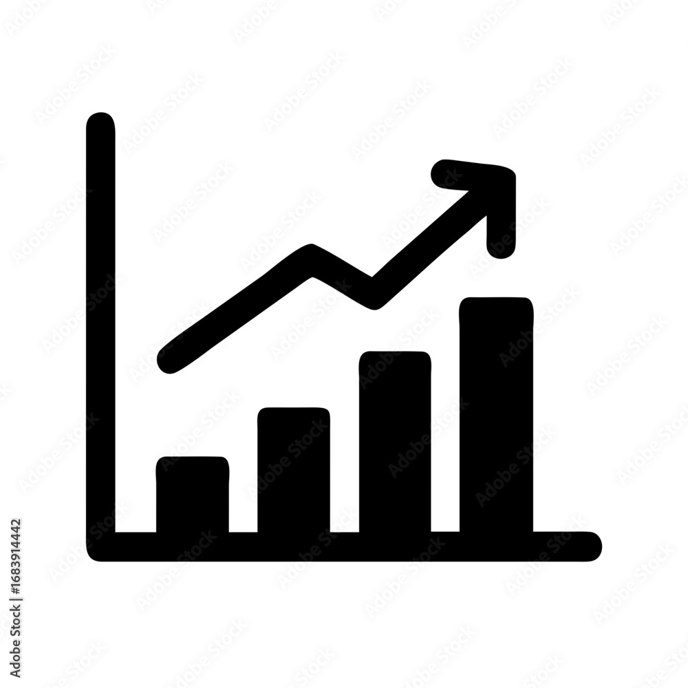 Poster illustration of a bar graph showing increasing values with an upward trending arrow line graph