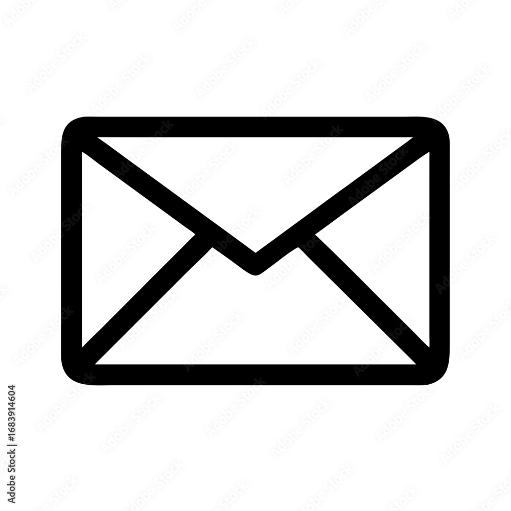 Poster simple black outline of a closed envelope with a pointed flap design on a plain white background vie