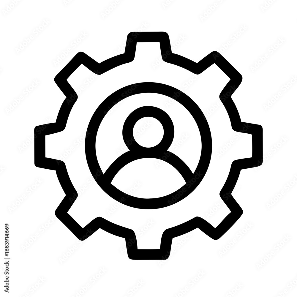 Poster outline icon representing a person inside a gear, symbolizing user settings and configuration option