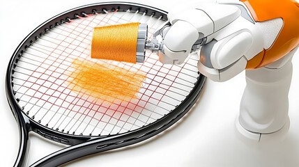 Robotic Arm Stringing a Tennis Racket with Orange String