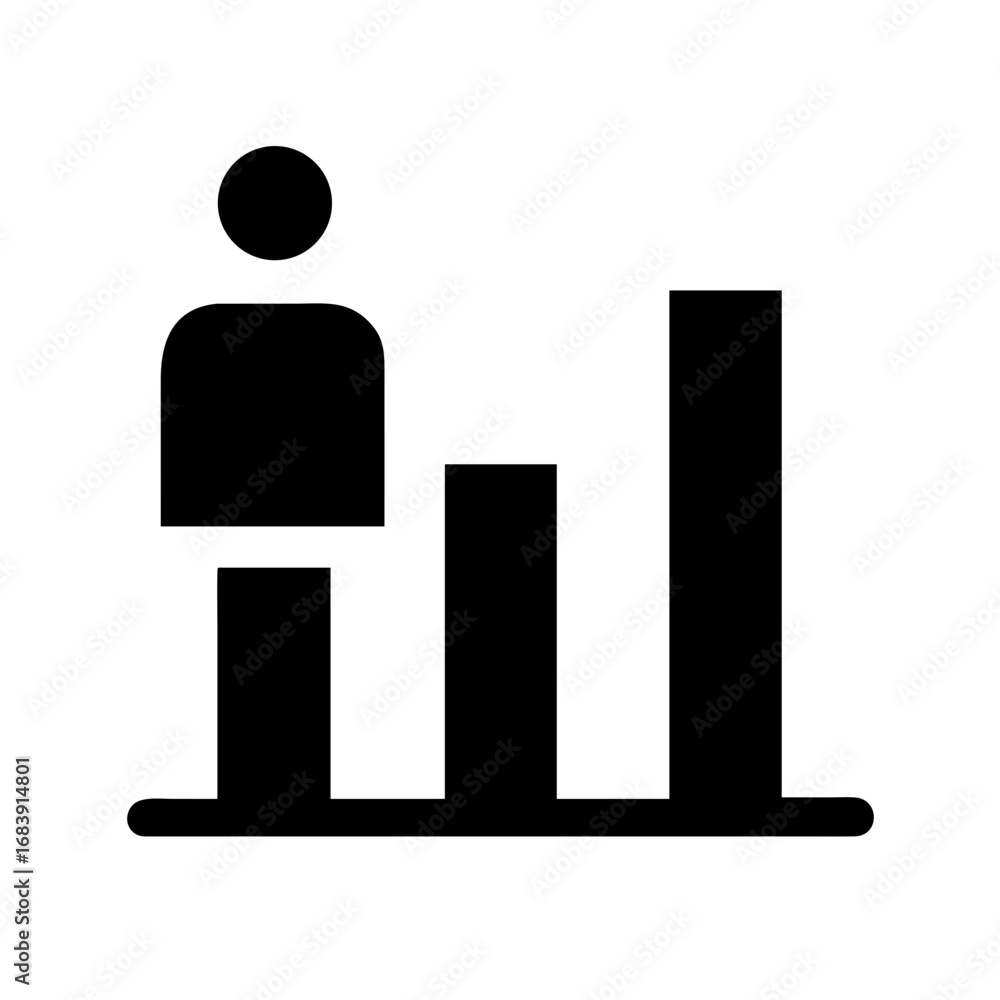 Poster person icon standing next to a bar graph showing growth and analysis in a business presentation view