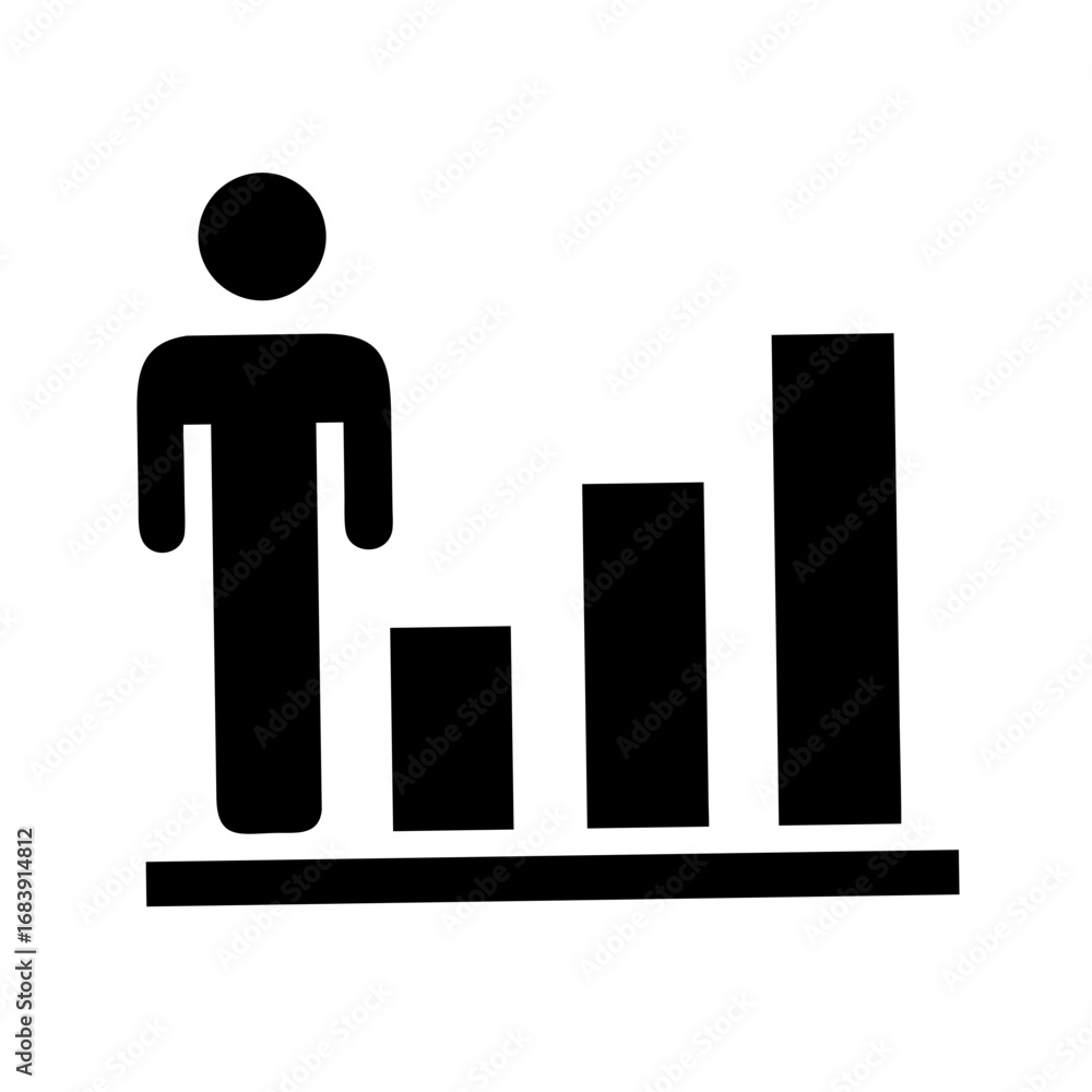 Poster silhouette of a person standing next to a bar graph showing growth and progress in black color schem